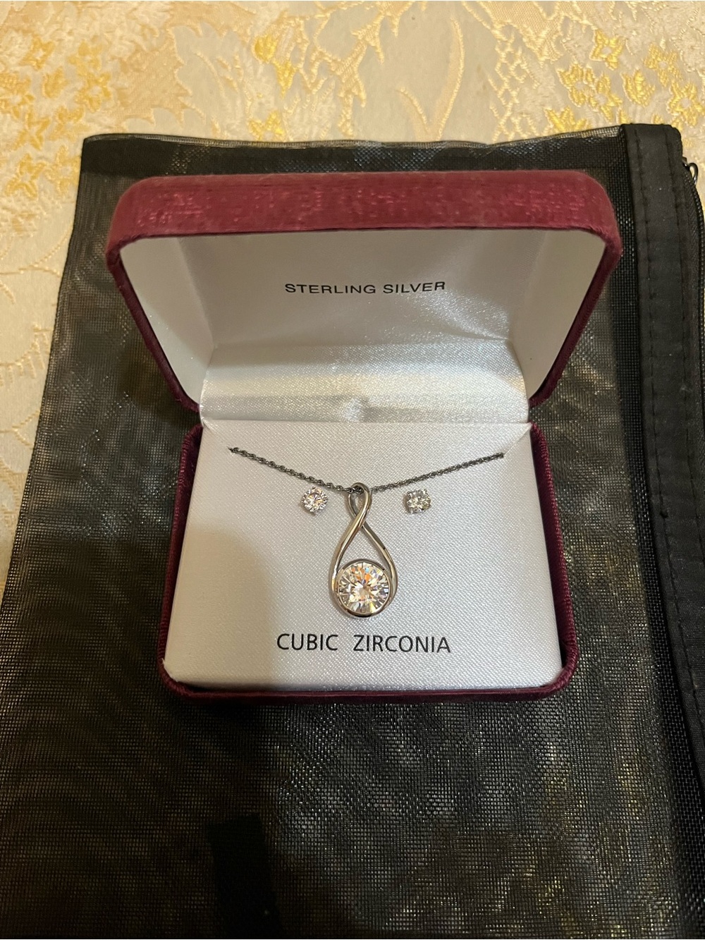 Sterling Silver Cubic Zirconia Teardrop Necklace and Studs - White